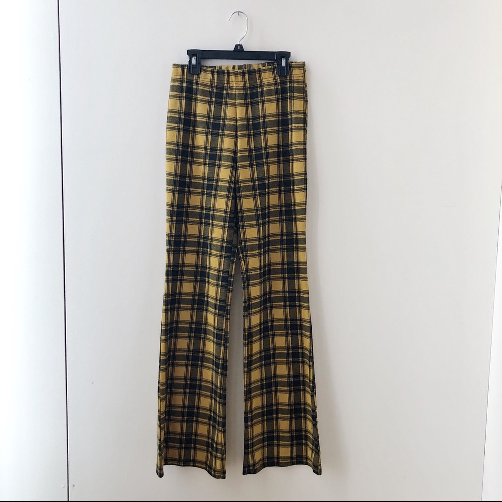 F21 Yellow & Black Plaid Flared Pants